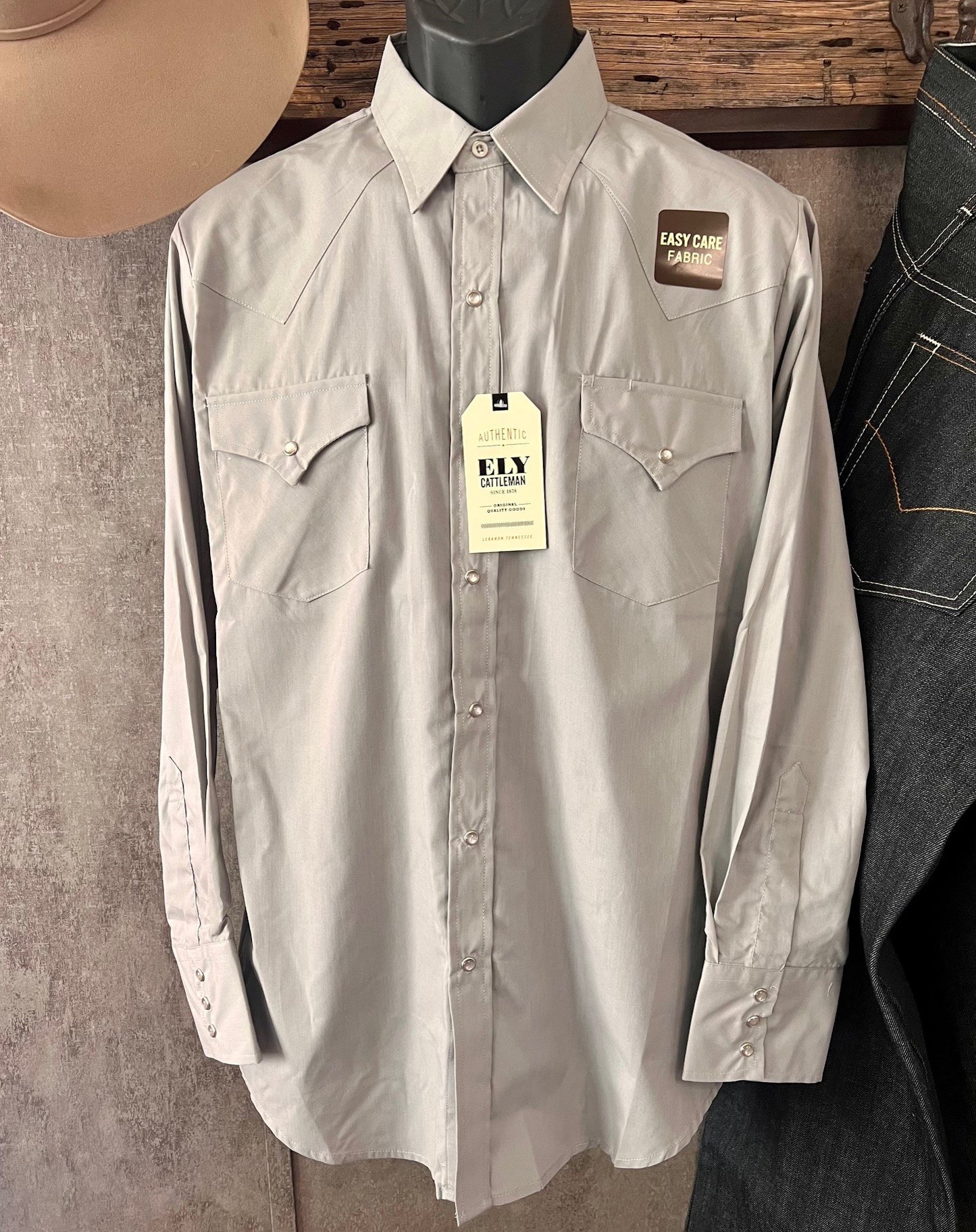 Ely Cattlemen Easy Care Gray Long Sleeve Pearl Snap