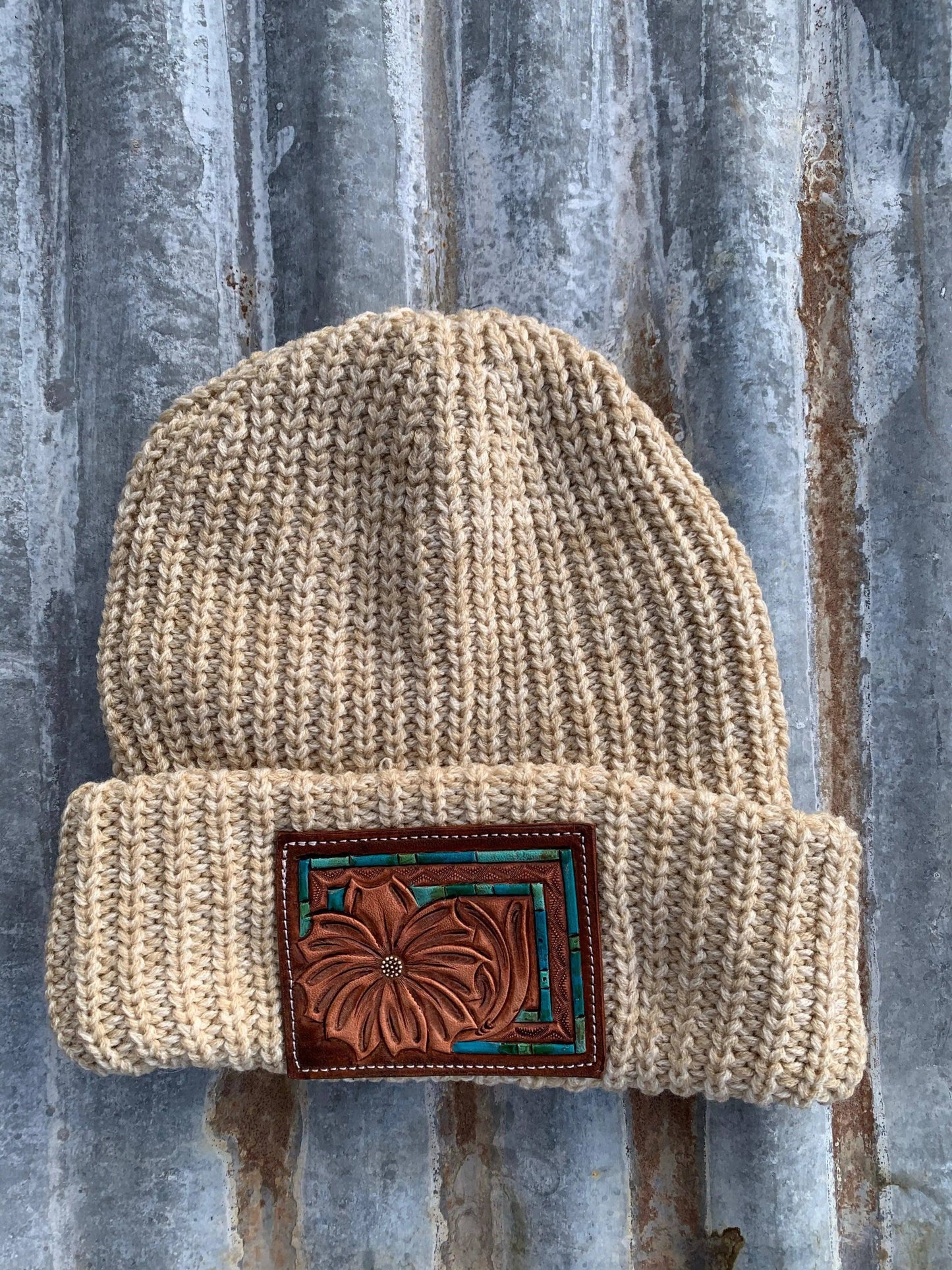 The Daisy Hand Tooled Leather Patch Beanie