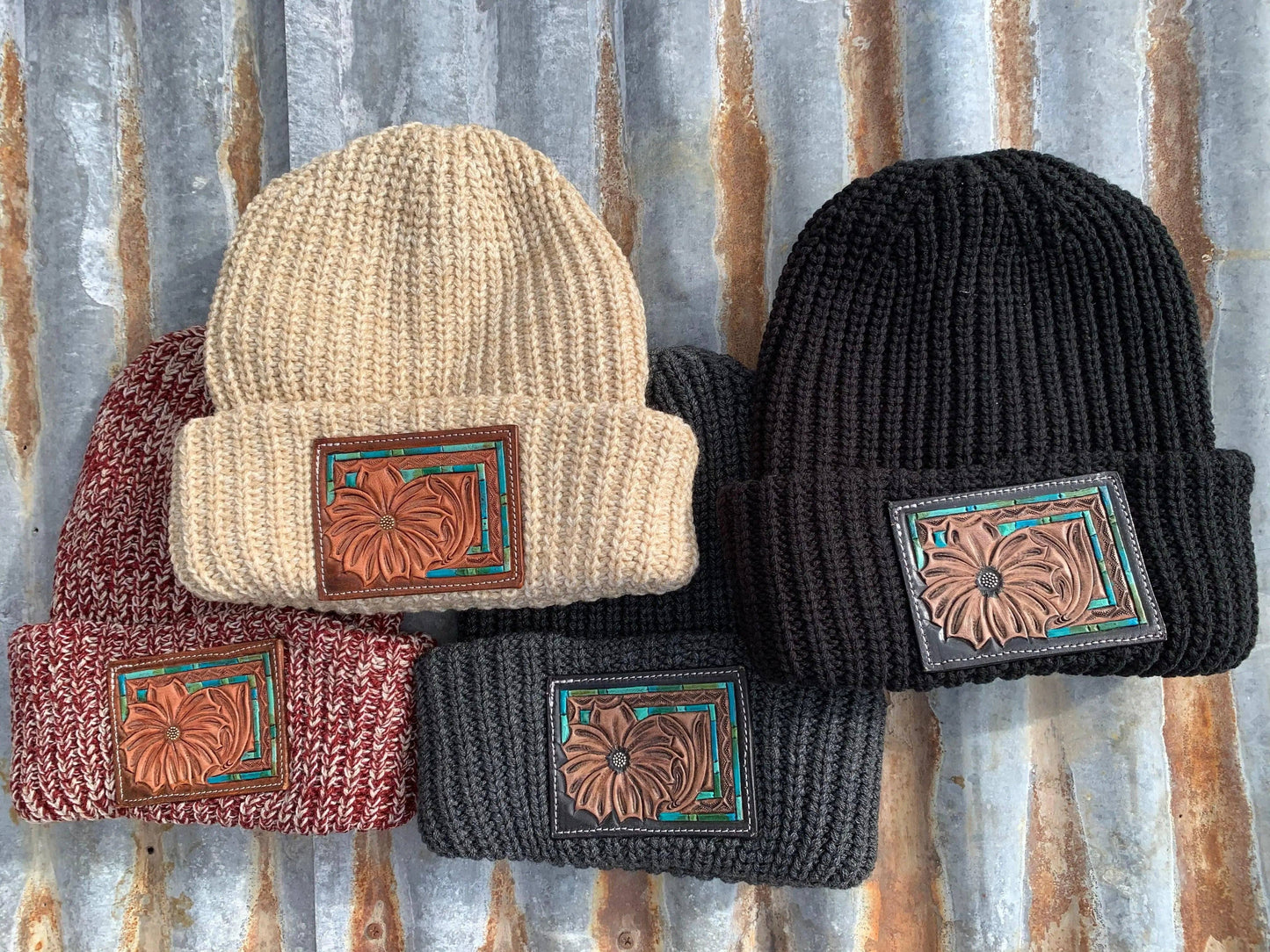 The Daisy Hand Tooled Leather Patch Beanie
